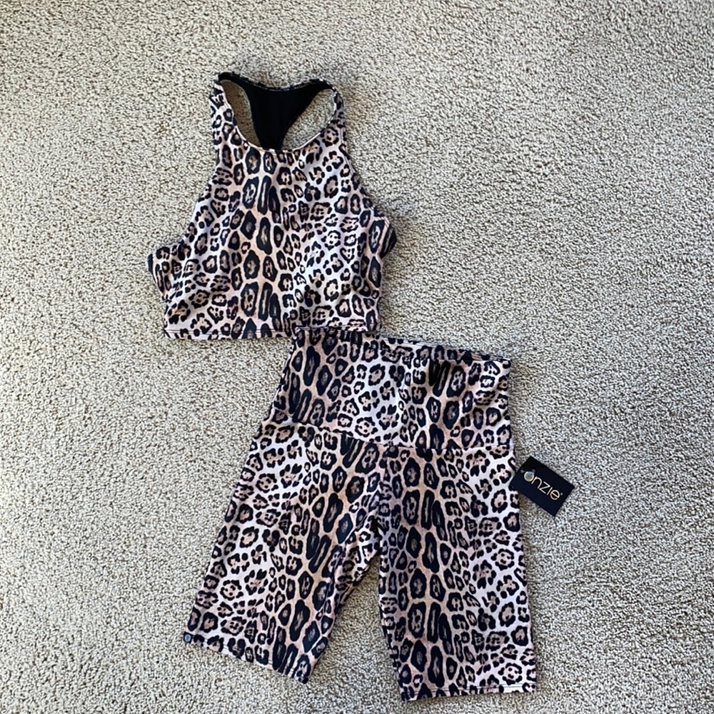 ONZIE cheetah biker shorts and sports bra set